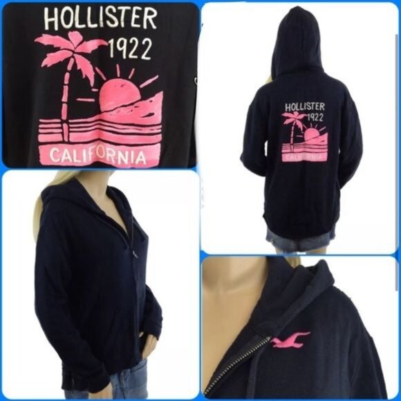 NWT Hollister by Abercrombie Navy Blue & Pink Logo Zip Up Hoodie Sweater Jumper - Picture 4 of 5